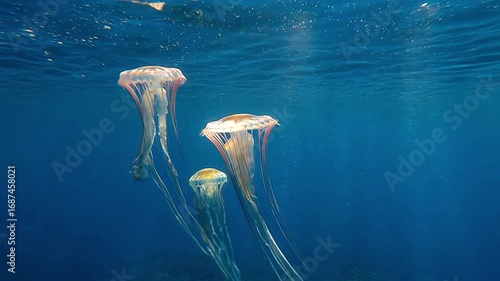 Couple of jellyfish swimming underwater in sunlight beams