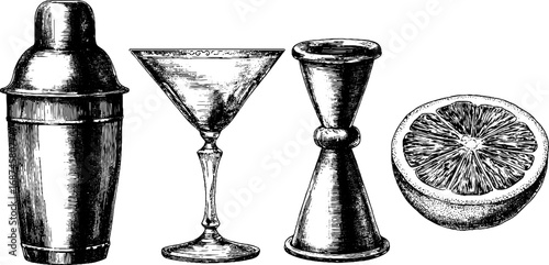 Vintage cocktail shaker set with martini glass, jigger, and citrus half - hand drawn engraving for bar design