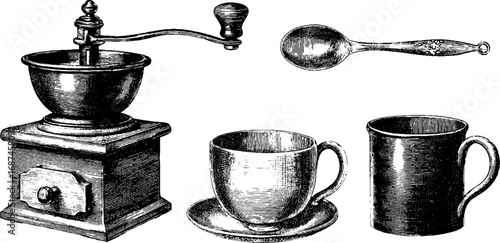 Vintage coffee grinder set with cups and spoon hand drawn engraving for retro kitchen decor