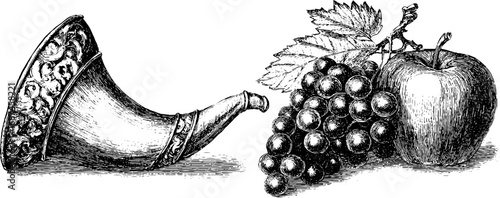 Engraved cornucopia horn with grapes and apple illustration set for harvest theme