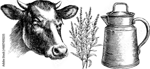Vintage cow head and grass with milk jug engraving set for retro design