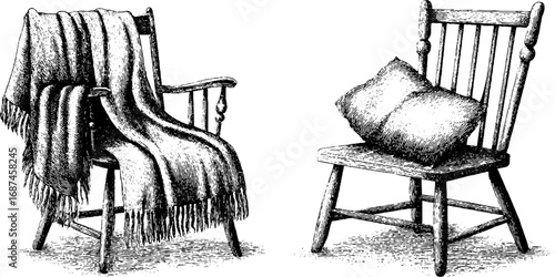 Vintage engraved illustration set of cozy chairs with blanket and cushion for retro decor design
