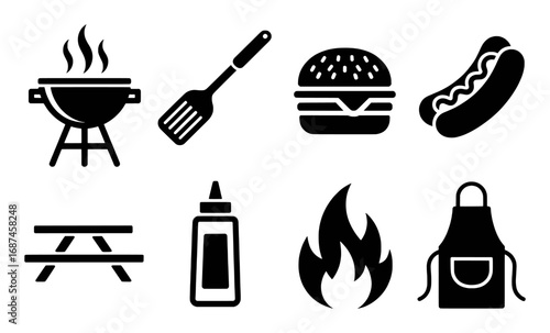Barbecue Icons: Grill, Burger, Hot Dog, Spatula, Picnic Table, Sauce, Fire, Apron