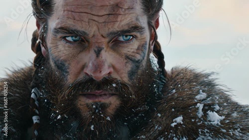 Viking man,  stands in a snowy landscape, his face adorned with tribal markings