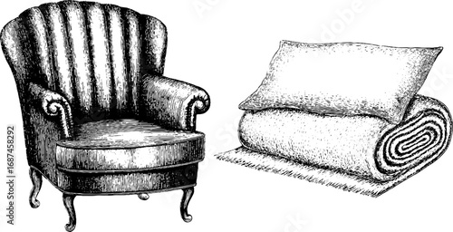 Engraved illustration set of cozy chair and blanket for retro design