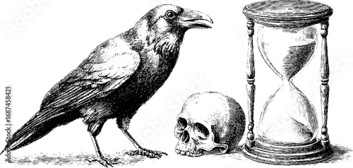 Engraved illustration set of crow, skull, and hourglass for retro design