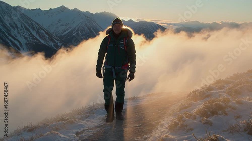 Adventurous hiker walking through misty mountain landscape at sunrise