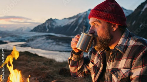 Bearded camper sipping hot coffee by a campfire, surrounded by breathtaking mountain landscape during sunrise. Captures the essence of outdoor adventure and relaxation
