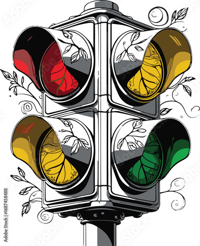 Black and white line art of a traffic light glowing with leaves instead of colors, minimal surreal doodle vector 2