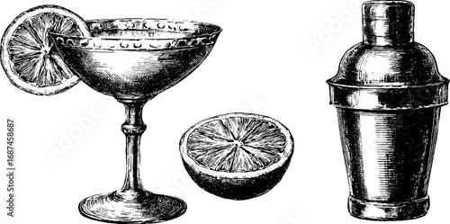 Engraved collection of daiquiri glass, citrus slice, and cocktail shaker for retro bar design