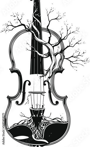 Black and white line art of a violin with a tree growing inside its body, surreal minimal doodle clean vector illustration 1