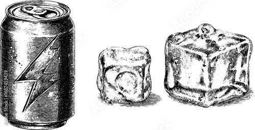 Vintage engraved illustration set of energy drink can and ice cubes for retro beverage design