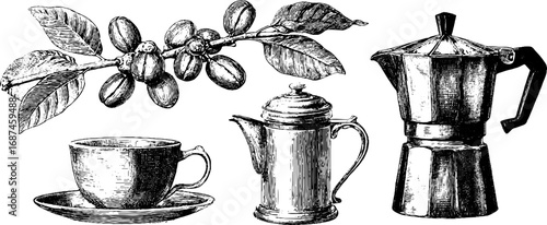 Engraved vintage illustration set of espresso cup, coffee plant, and moka pot for retro design