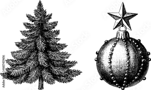 Vintage christmas design with engraved fir tree and bauble for holiday decor