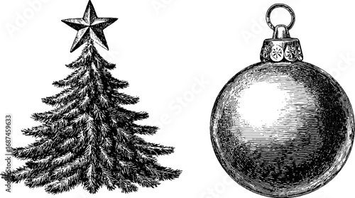 Vintage christmas fir tree and bauble engraving for holiday design