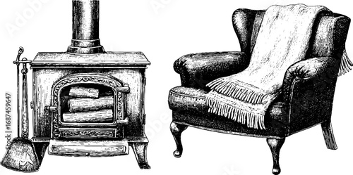Vintage hand drawn set of fireplace with logs and armchair for cozy winter interiors