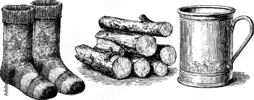 Vintage hand drawn set of fireplace log, wool socks, and mug illustration for rustic decor