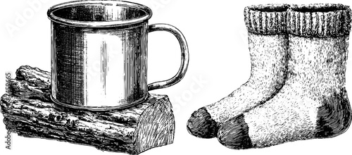 Cozy winter essentials with mug, socks, and fireplace logs engraved illustration set for home decor