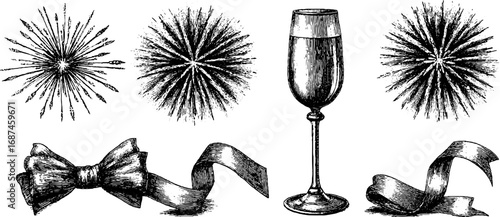 Vintage engraved illustration set with fireworks, champagne glass, ribbons