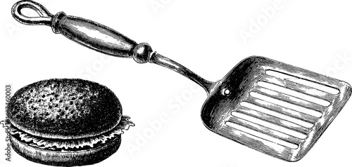 Engraved illustration set of frying spatula and burger for kitchen design