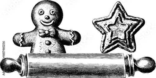 Vintage engraved illustration set of gingerbread man, star cookie cutter, and rolling pin for holiday baking design