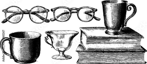 Vintage engraved illustration set of glasses and mugs on books for retro design
