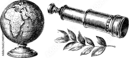 Vintage engraved collection of globe and telescope with botanical element for retro design