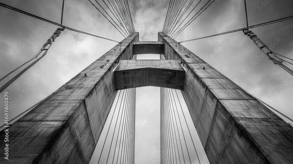 Fototapeta premium monochrome upward view of a large suspension bridge with tall concrete towers and steel cables extending into a cloudy sky evoking a sense of strength and architectural elegance