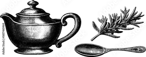Vintage gravy boat and spoon with herbal accent hand drawn engraved illustration collection