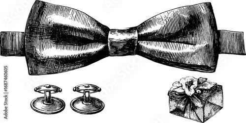 Vintage groom accessories collection: bow tie, cufflinks, and gift box illustration