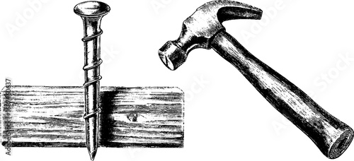 Vintage engraved illustration set of hammer and woodworking tools for crafting and design