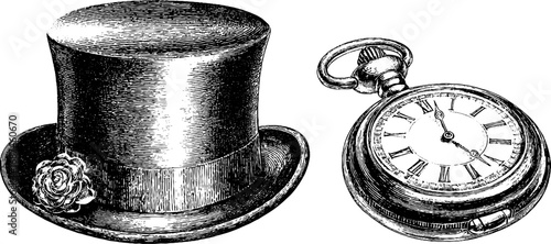 Vintage groom's hat and pocket watch engraving collection for retro design