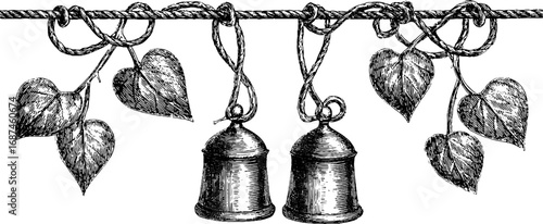 Engraved illustration set of hanging planters with leaves - vintage decorative design