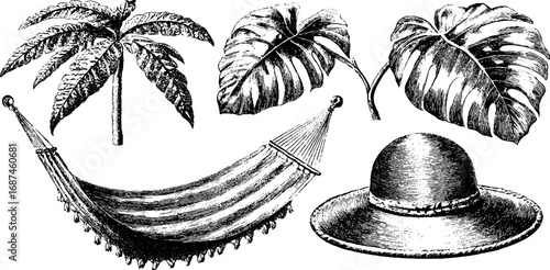 Vintage tropical illustration set featuring hammock, palm, leaves, and sun hat for design projects
