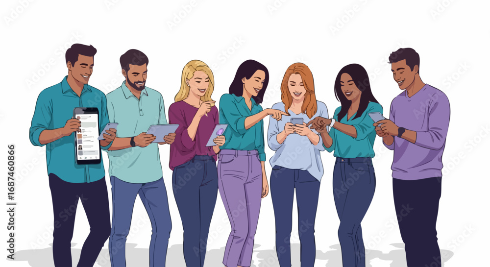 Obraz premium Diverse Group of People Engaged with Mobile Devices and Tablets in a Casual Setting