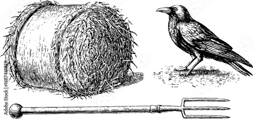 Vintage hand-drawn illustration set of hay bale, pitchfork, and crow for rustic décor