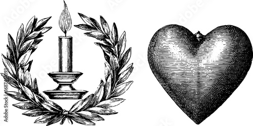 Vintage engraved heart symbol and laurel candle illustration set