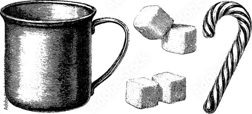 Vintage holiday hot cocoa mug with marshmallows and candy cane engraving set for festive design
