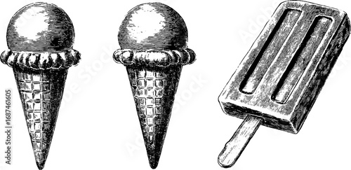 Vintage engraving collection of ice cream cones and popsicle for retro design