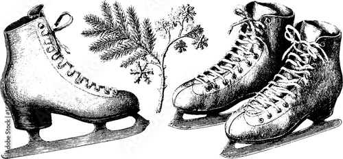 Vintage ice skate and snowflake illustration set for winter decor and design