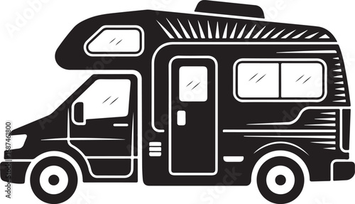 Monochrome Camper Van Illustration: Detailed Recreational Vehicle Graphic for Travel and Adventure