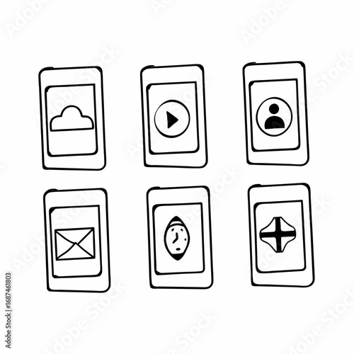 Hand drawn mobile phone icons representing various functions