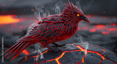 A mythical phoenix bird with glowing red eyes and fiery plumage sits on a cracked volcanic rock, surrounded by smoke and embers, symbolizing rebirth and power