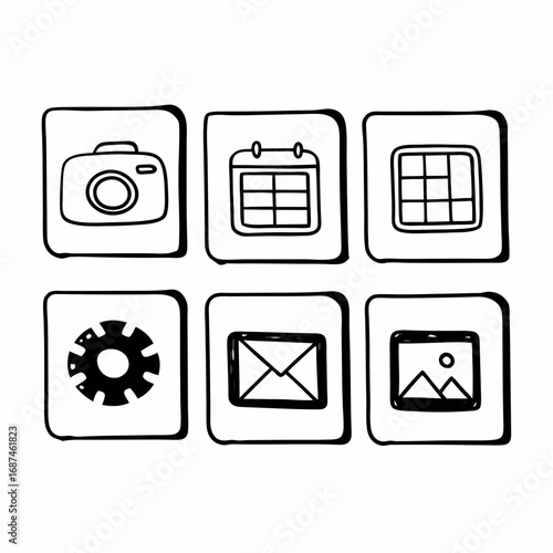 Collection of hand drawn square icons for web and mobile app