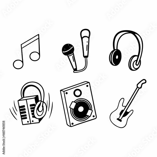 Collection of music equipment and instruments in a cartoon style