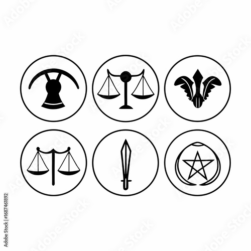 Collection of six occult symbols in black and white vector illustration