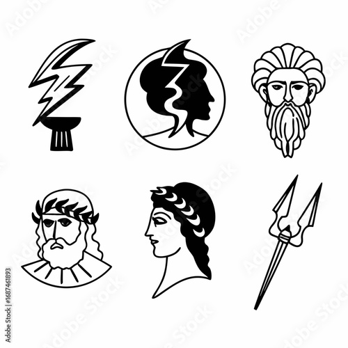 Illustration of greek mythology gods and symbols including zeus, poseidon, and hera