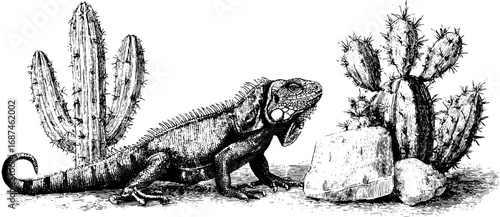 Engraved vintage illustration set of iguana and cactus for nature and wildlife designs