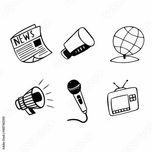 Illustration of newspaper, megaphone, globe, microphone, and television