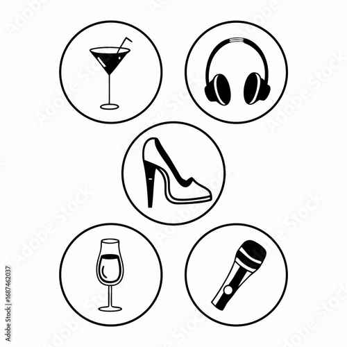 Party icons set, including cocktail, headphones, shoe, microphone, and wine